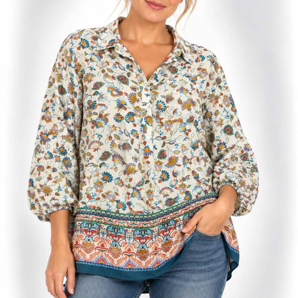 Cynthia Rowley 1X Floral Paisley Border Print Boho Tunic Blouse